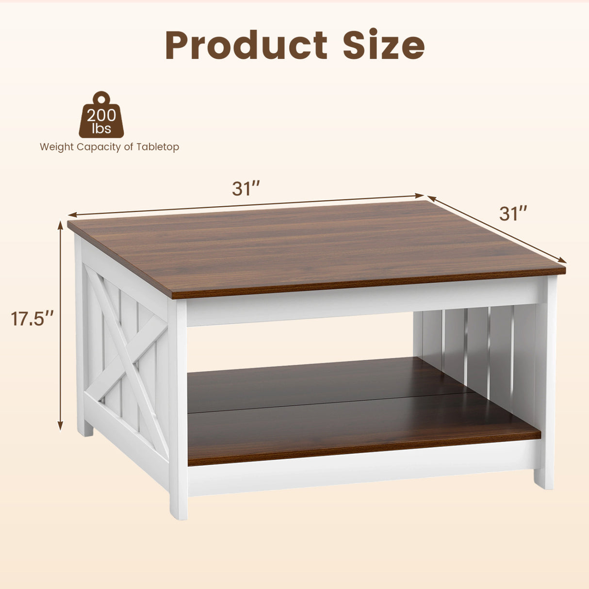 Farmhouse Coffee Table 31 Inch Square Coffee Table with Storage Shelf-White