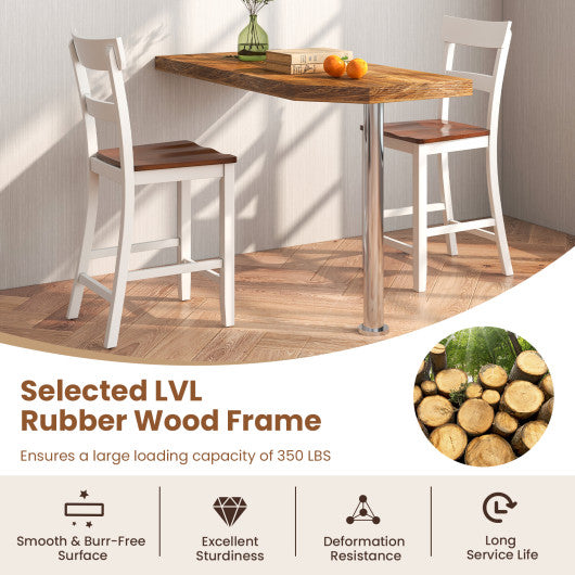 Farmhouse Dining Bar Stool Set of 2 with Solid Rubber Wood Frame-White
