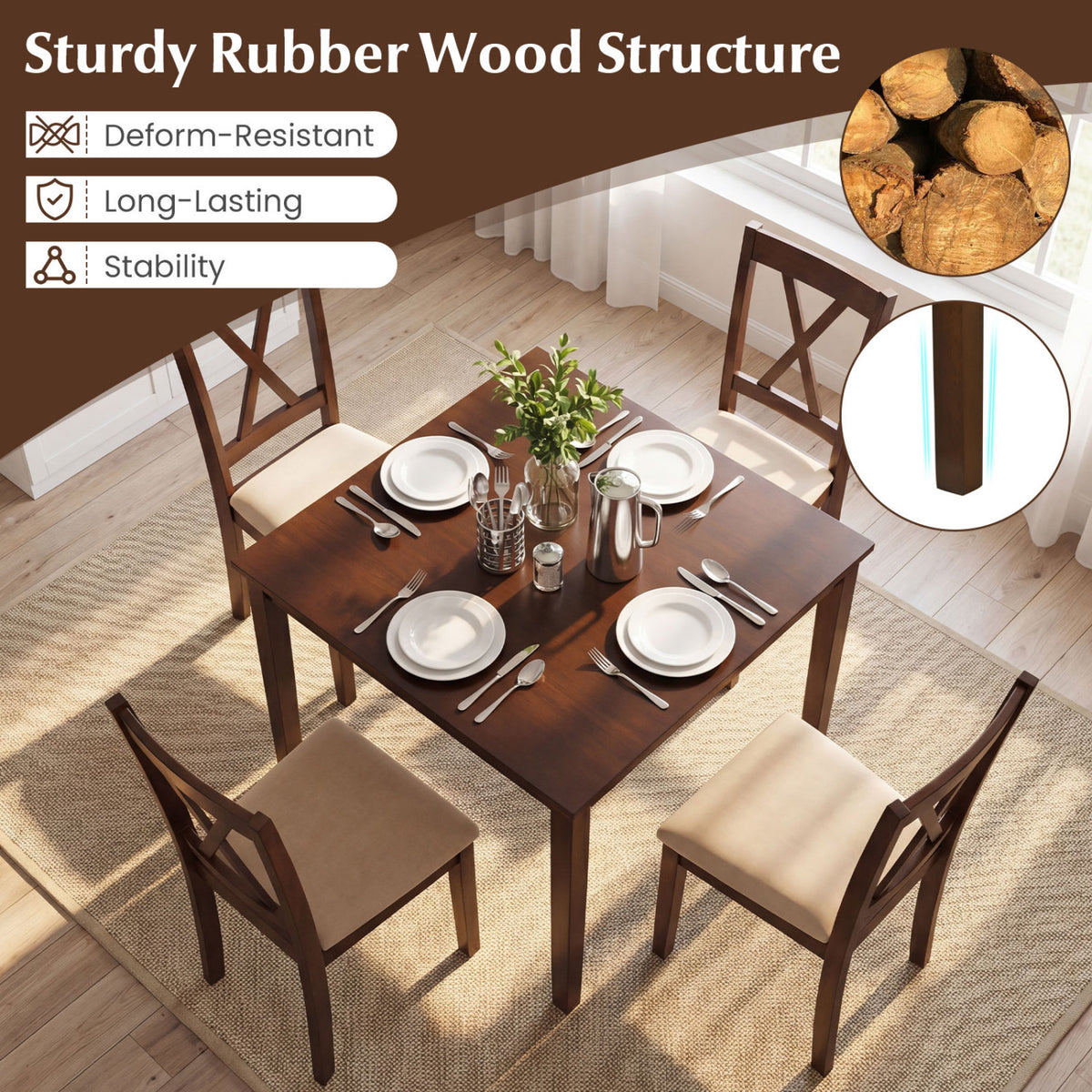 Farmhouse Dining Table for 4 People 35 Inches Square Kitchen Table-Walnut
