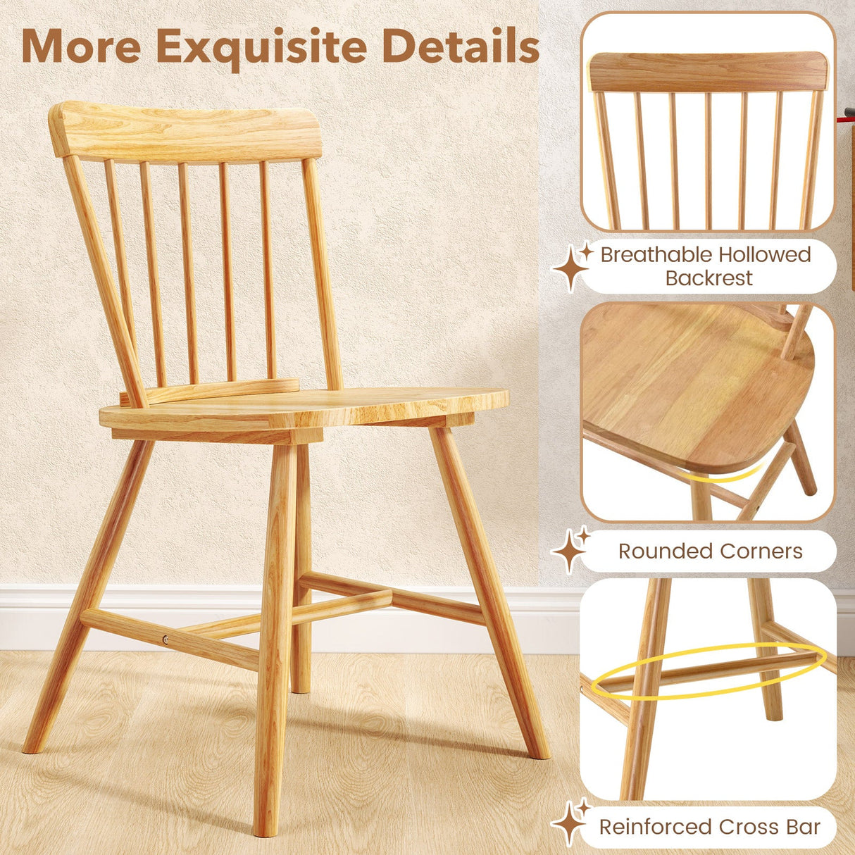 Farmhouse Kitchen Chair Set of 2 with Rubber Wood Frame-Natural by DirectDeals