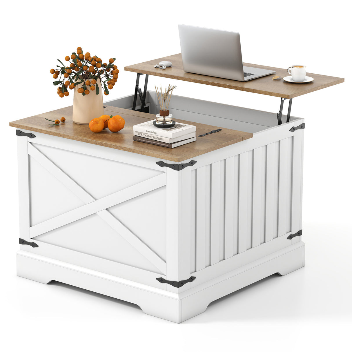 Farmhouse Lift Top Coffee Table with Hidden Storage Compartment-Brown