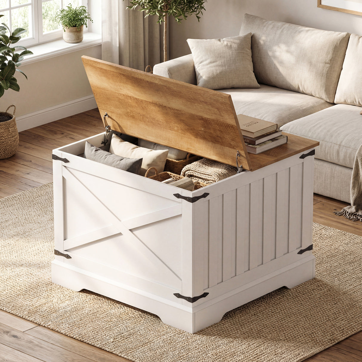Farmhouse Lift Top Coffee Table with Hidden Storage Compartment-Brown
