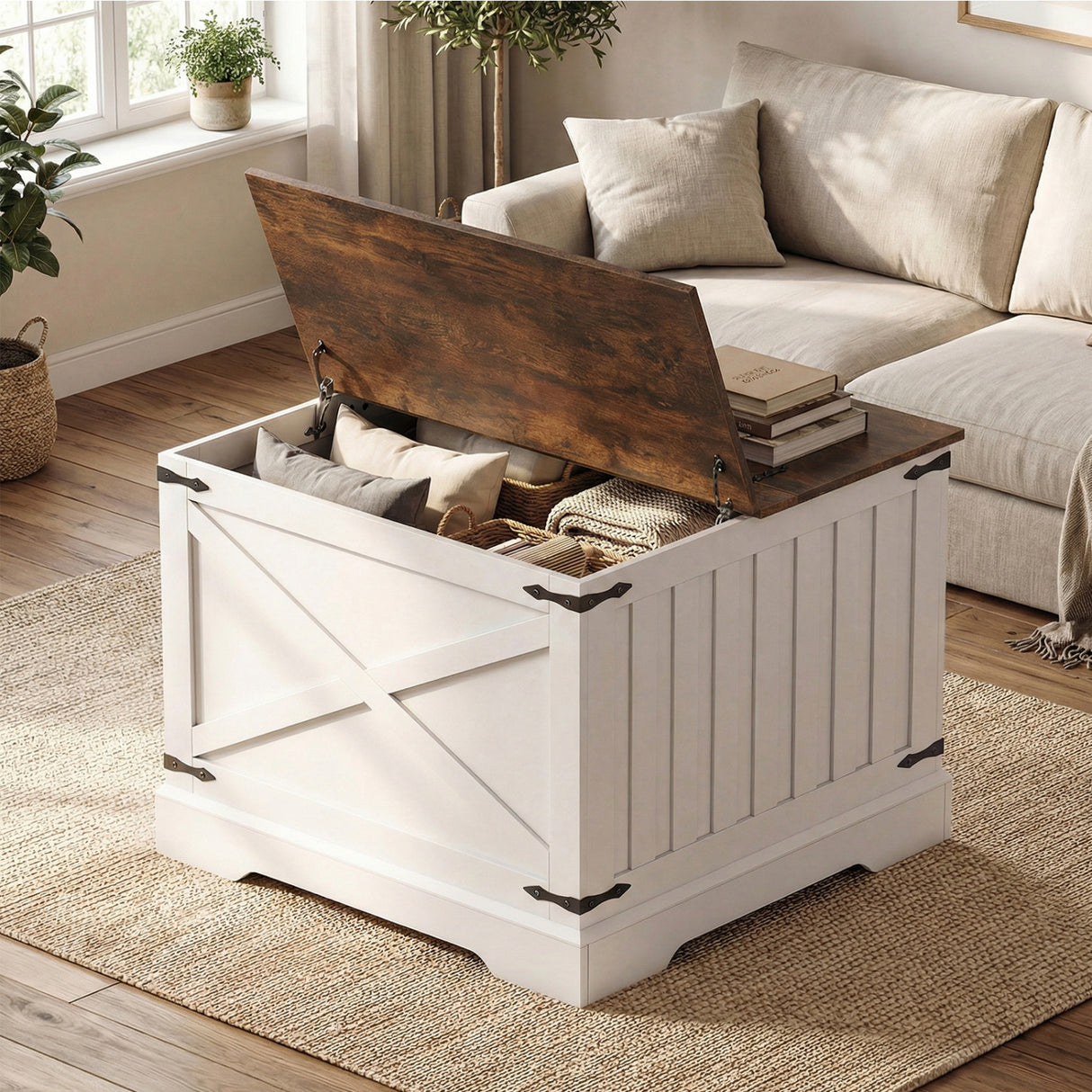 Farmhouse Lift Top Coffee Table with Hidden Storage Compartment-Rustic Brown