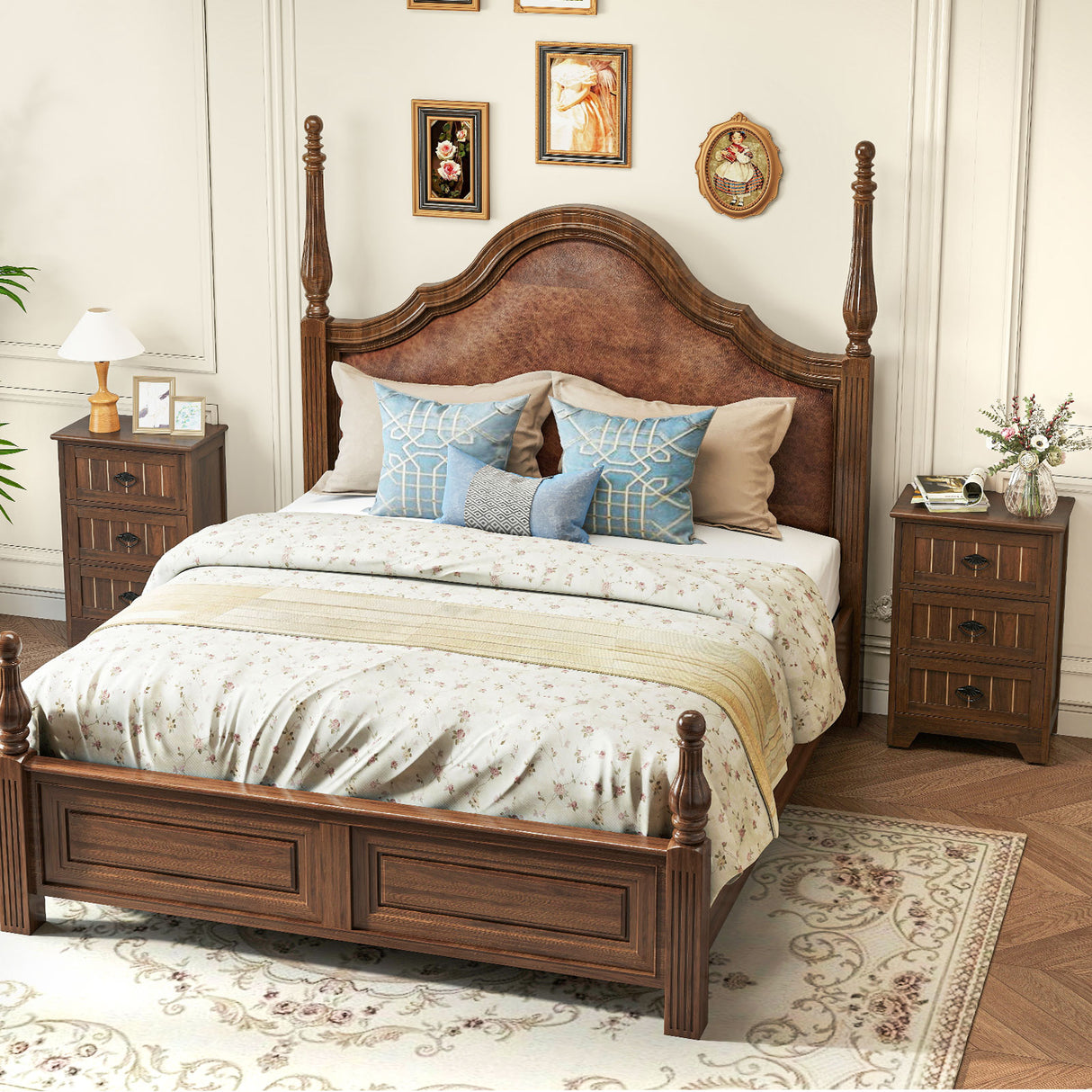 Farmhouse Nightstand with 3 Storage Drawers and Handles-Walnut