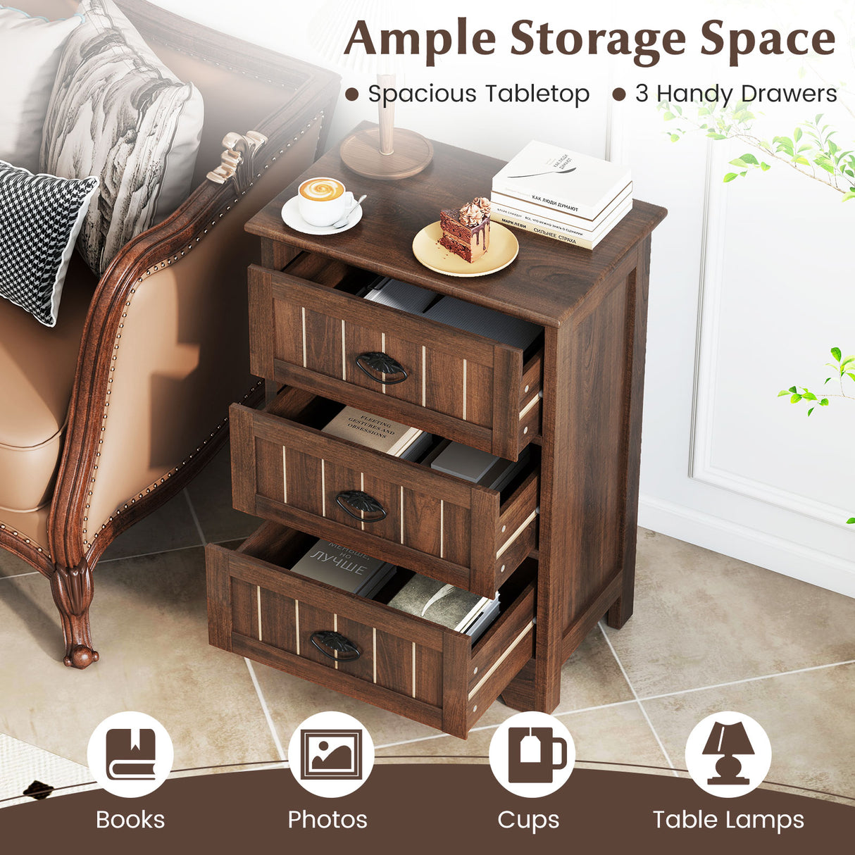 Farmhouse Nightstand with 3 Storage Drawers and Handles-Walnut