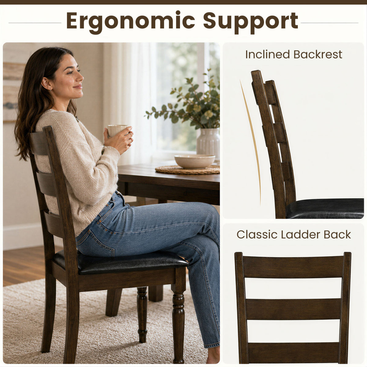 Farmhouse PU Leather Upholstered Dining Chairs Set of 4-Brown