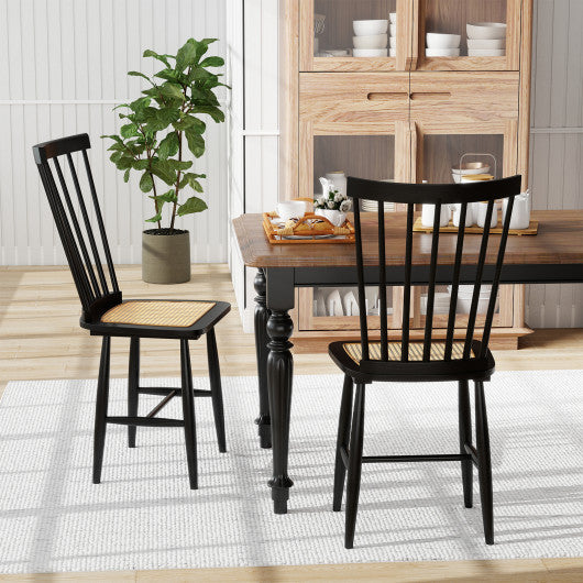 Farmhouse Solid Rubber Wood Dining Chairs Set of 2 with PE Rattan Seats-Black