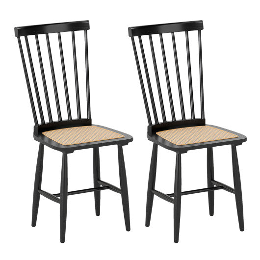 Farmhouse Solid Rubber Wood Dining Chairs Set of 2 with PE Rattan Seats-Black