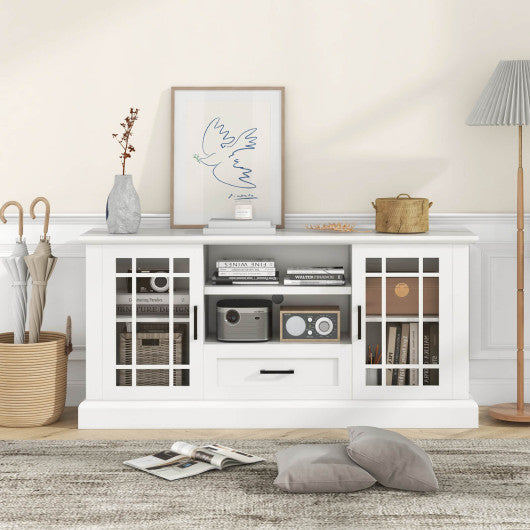 TV Stand for TVs up to 70 with Glass Doors Cubbies and Drawer-White