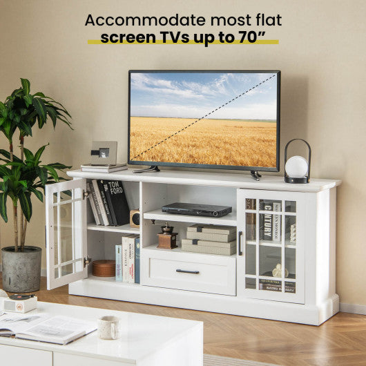 TV Stand for TVs up to 70 with Glass Doors Cubbies and Drawer-White