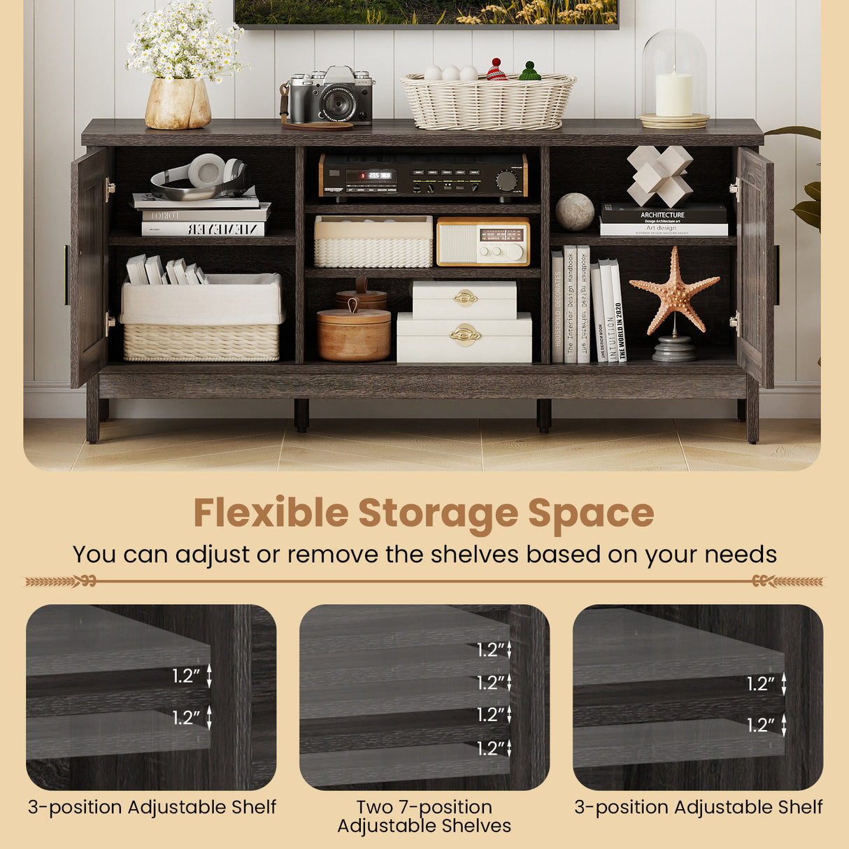 Farmhouse TV Stand for TVs up to 65 Inch Entertainment Center with 2 Storage Cabinets-Gray