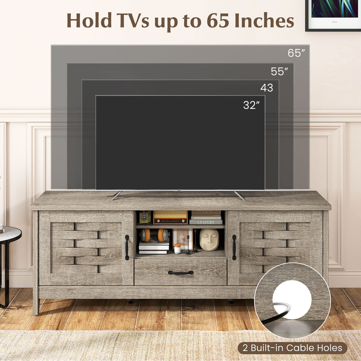 Farmhouse TV Stand for 65 Inch TVs with 2 Woven Accent Doors and 3 Adjustable Shelves-Oak