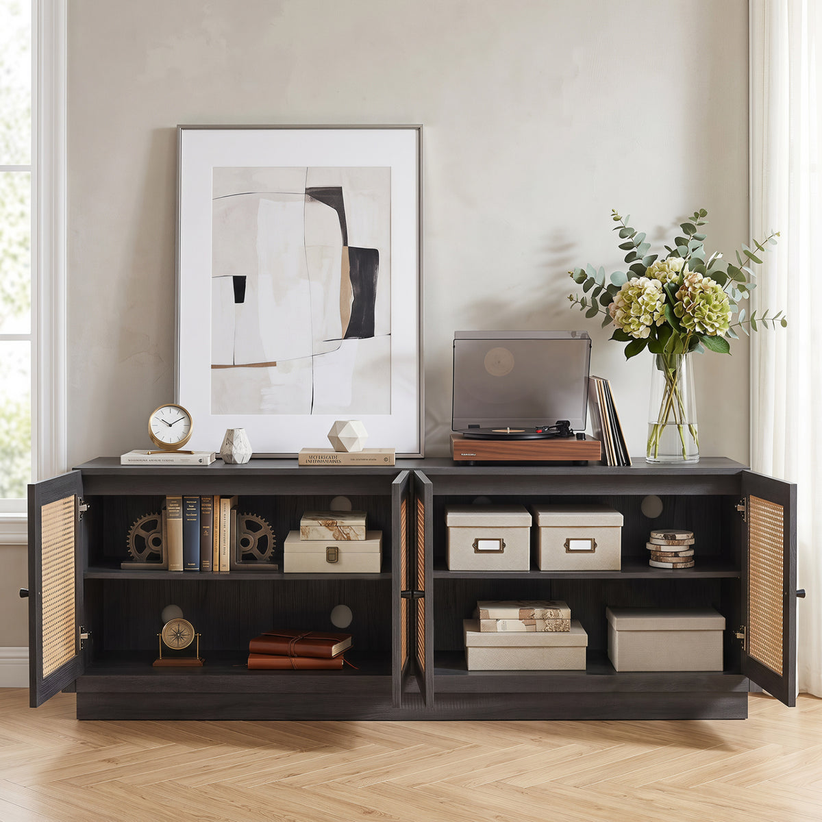 Farmhouse TV Stand for TVs up to 75 Inches with 2 Cabinets-Black