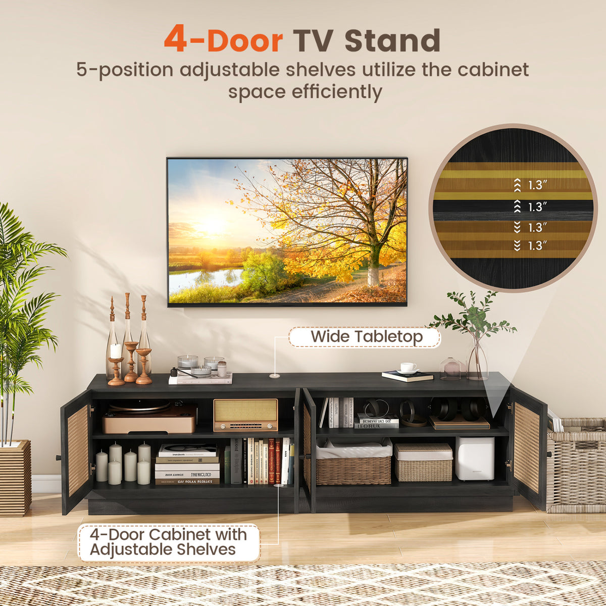 Farmhouse TV Stand for TVs up to 75 Inches with 2 Cabinets-Black