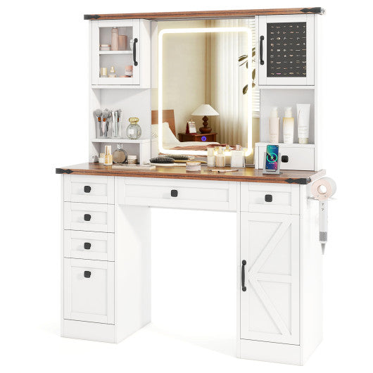 Farmhouse Vanity Desk with Lighted Mirror and 3 Doors-White