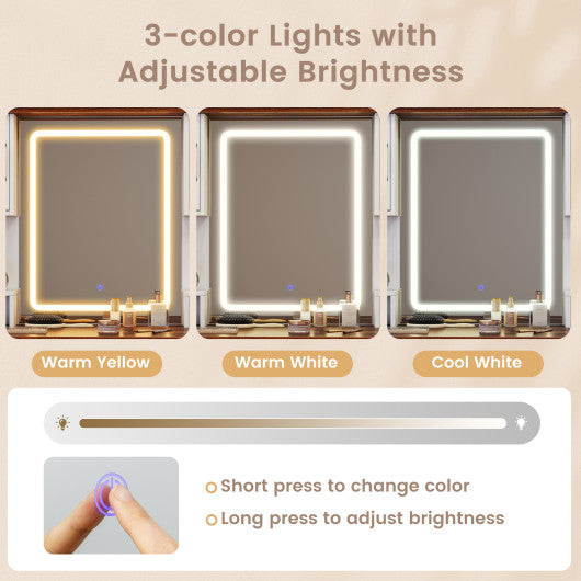 Farmhouse Vanity Desk with Lighted Mirror and 3 Doors-White