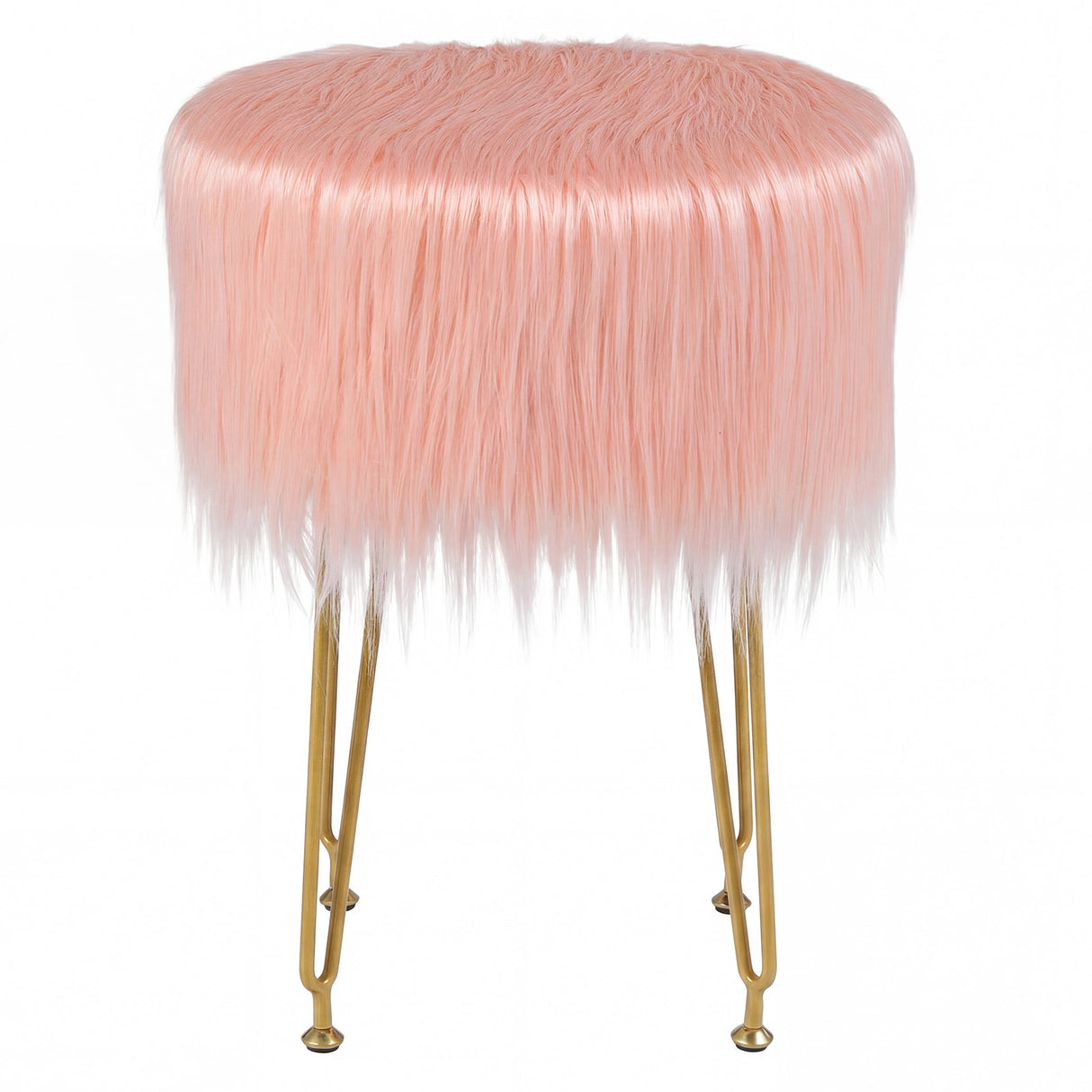 Faux Fur Vanity Stool Chair with Metal Legs for Bedroom and Living Room-Pink