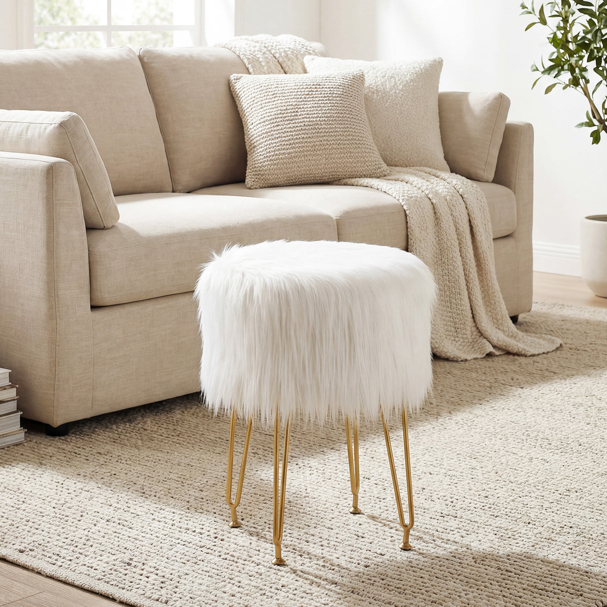 Faux Fur Vanity Stool Chair with Metal Legs for Bedroom and Living Room-Pink