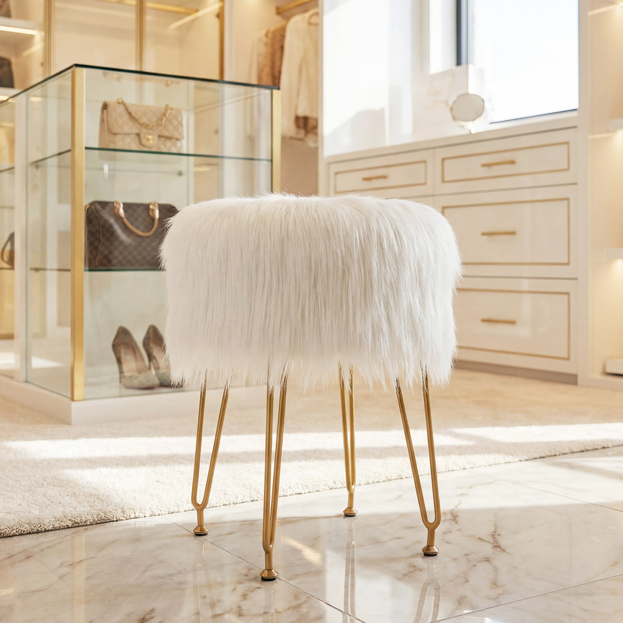 Faux Fur Vanity Stool Chair with Metal Legs for Bedroom and Living Room-Pink