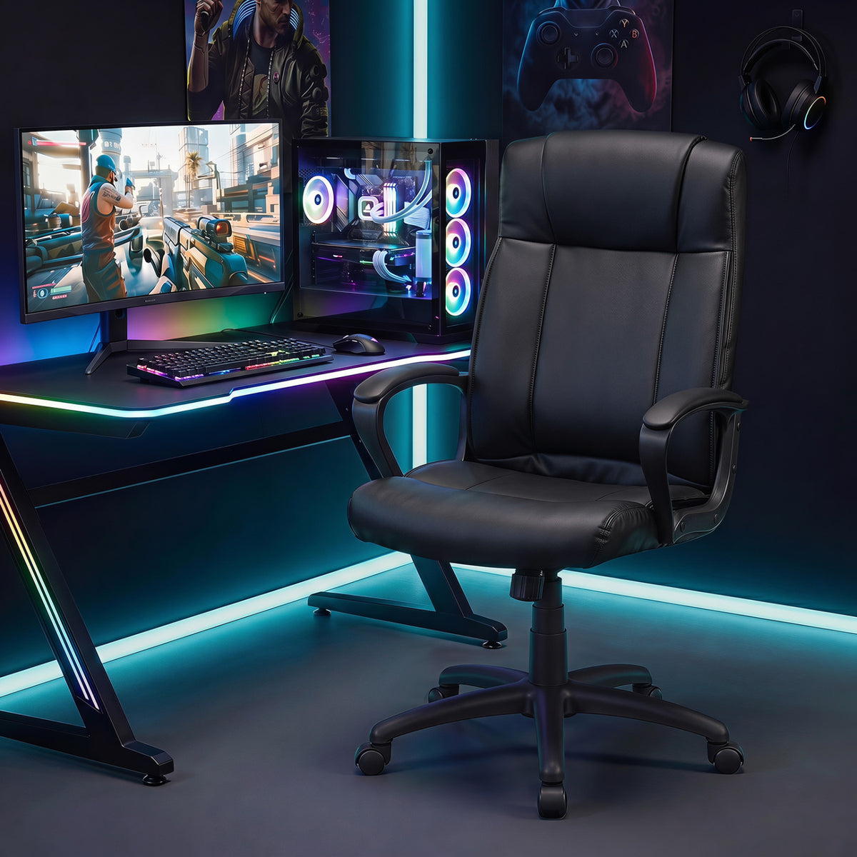 Faux Leather Office Chair Computer Desk Chair with Rocking Function-Black
