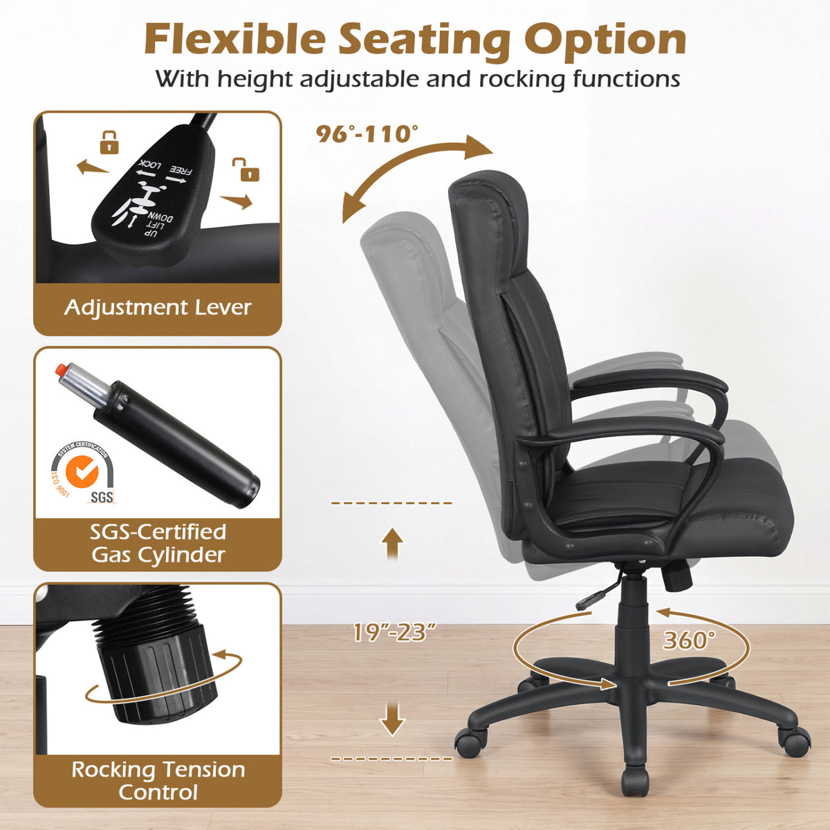 Faux Leather Office Chair Computer Desk Chair with Rocking Function-Black