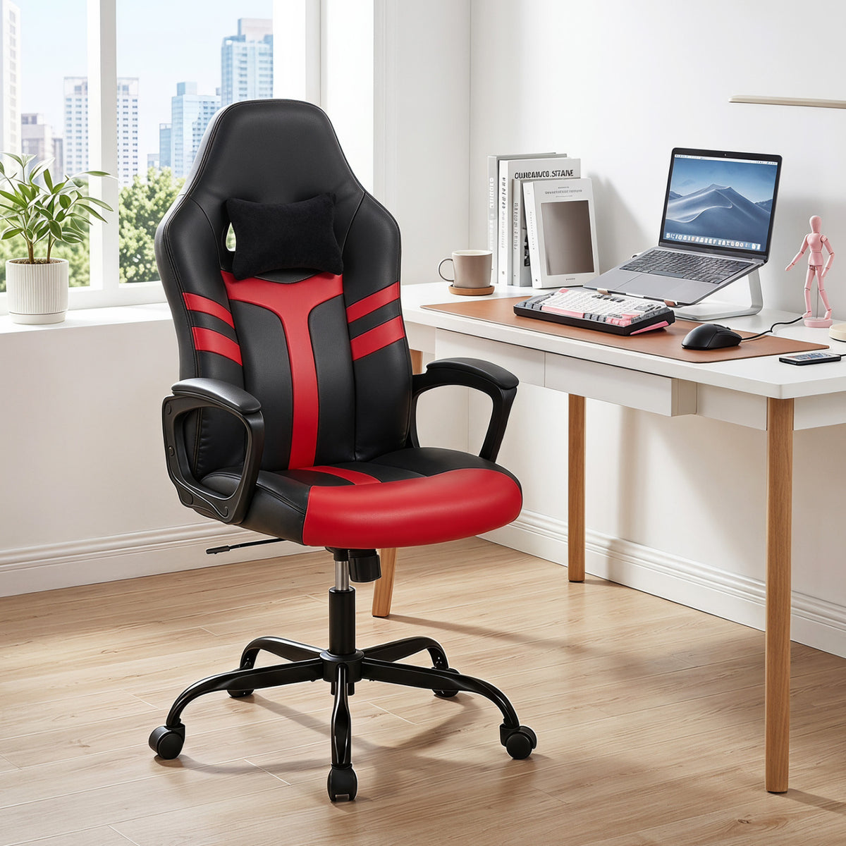 Faux Leather Upholstered Office Chair with Removable Head Pillow and Rocking Function-Red
