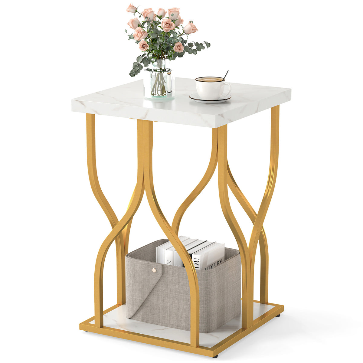 Faux Marble Bedside Night Stand with Petal-Inspired Metal Frame-White