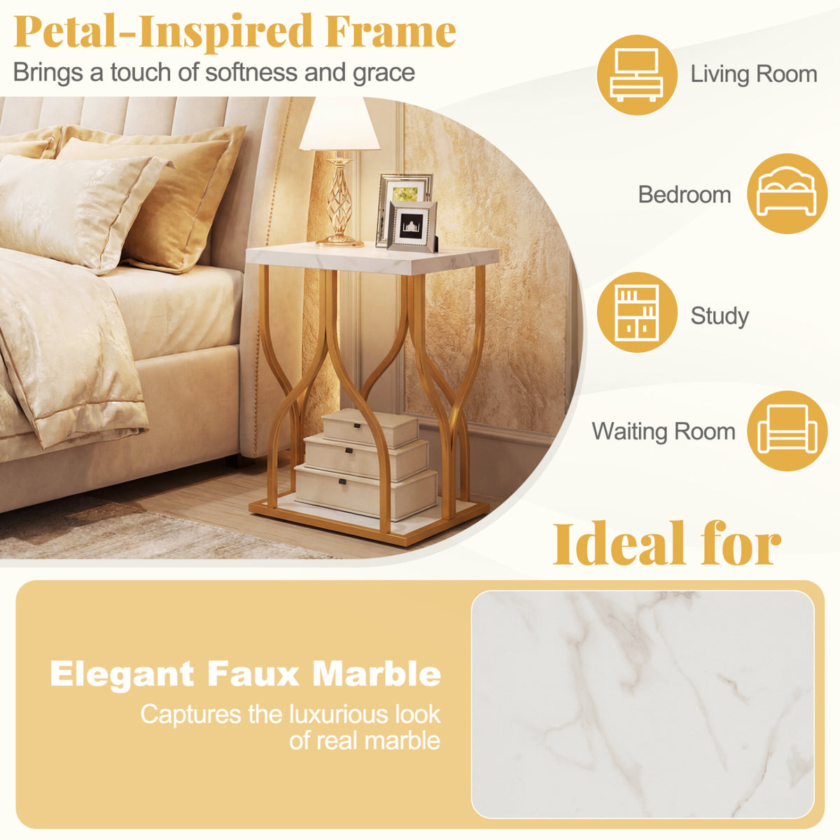 Faux Marble Bedside Night Stand with Petal-Inspired Metal Frame-White