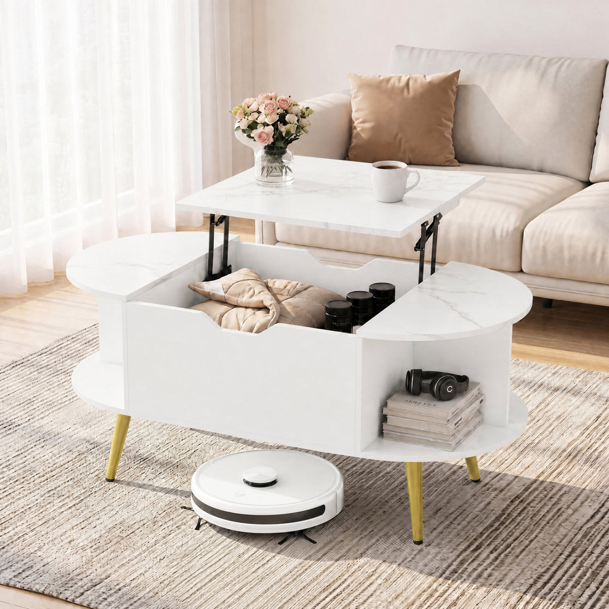 Faux Marble Lift Top Coffee Table with Hidden Compartment and Shelves-White