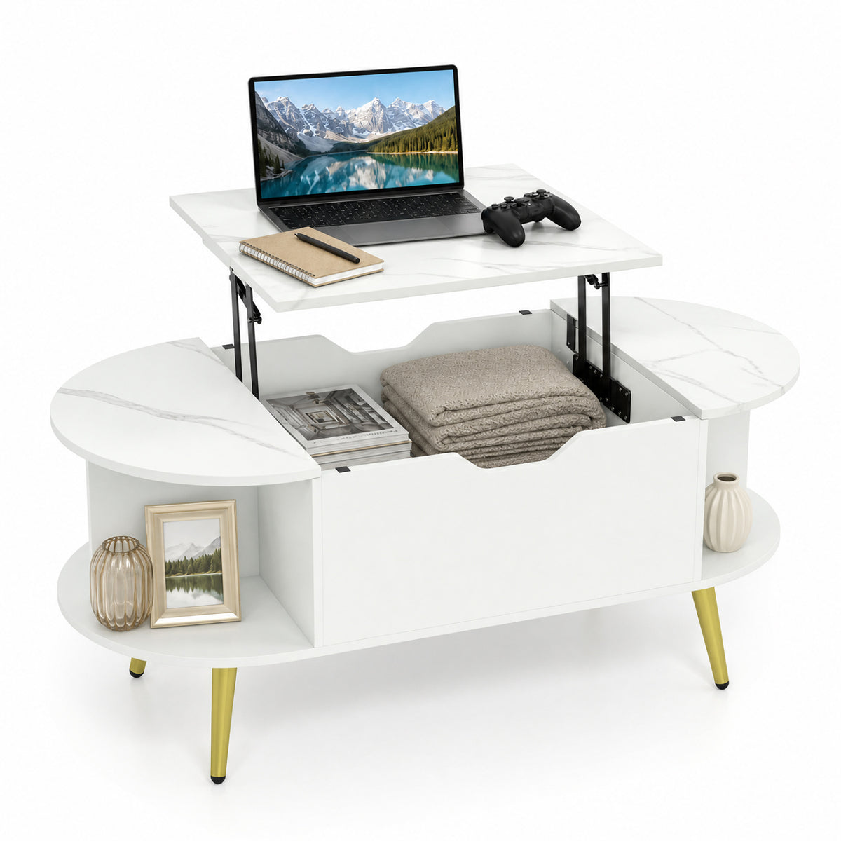 Faux Marble Lift Top Coffee Table with Hidden Compartment and Shelves-White