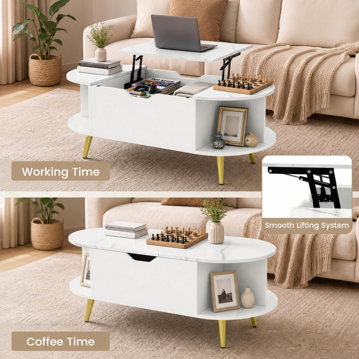 Faux Marble Lift Top Coffee Table with Hidden Compartment and Shelves-White