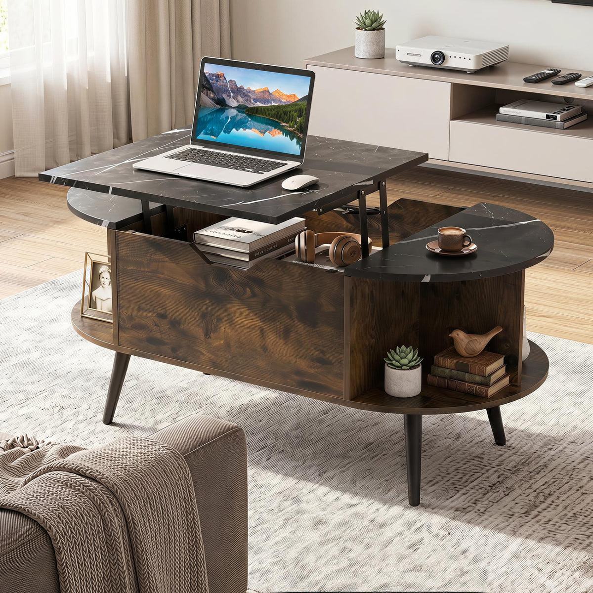Faux Marble Lift Top Coffee Table with Hidden Compartment and Shelves-Black