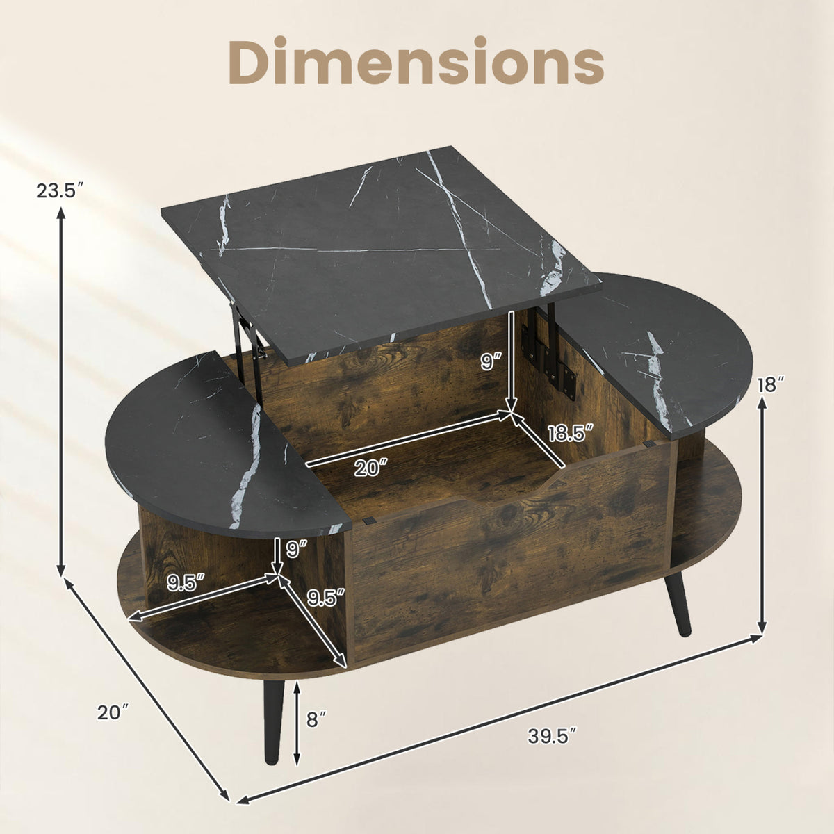 Faux Marble Lift Top Coffee Table with Hidden Compartment and Shelves-Black