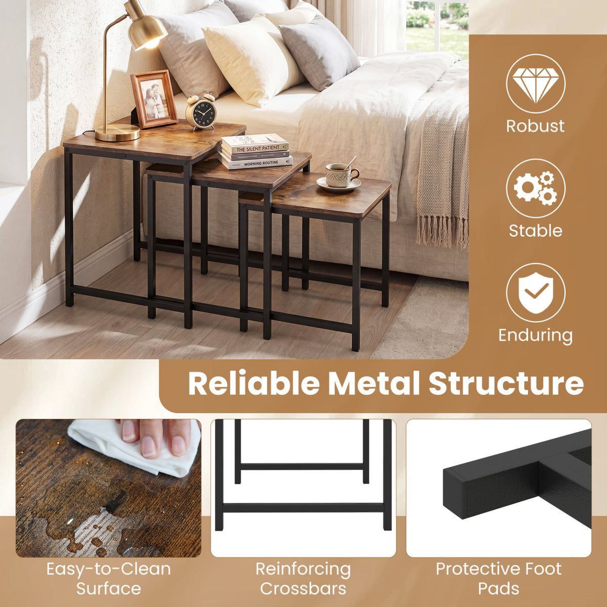 Faux Marble Nesting Table with Metal Frame Set of 3-Rustic Brown