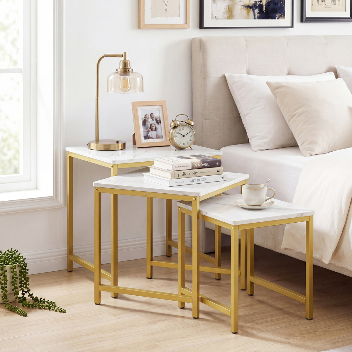 Faux Marble Nesting Table with Metal Frame Set of 3-White