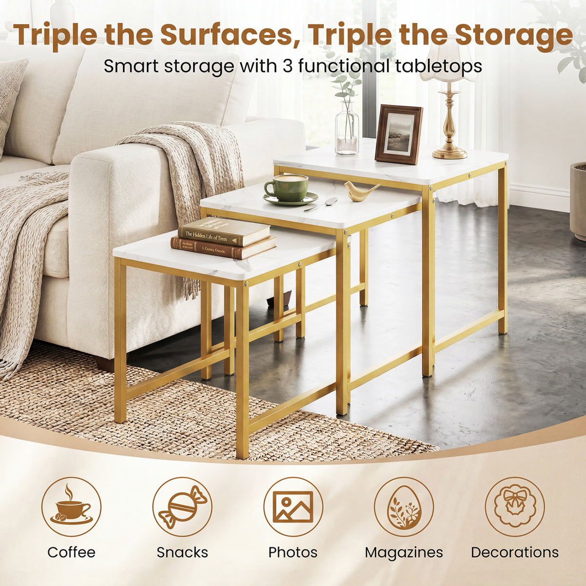 Faux Marble Nesting Table with Metal Frame Set of 3-White