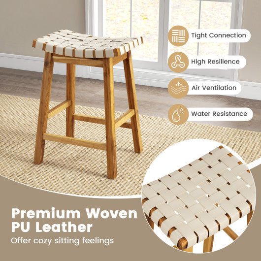 Faux PU Leather Bar Stools Set of 2 with Woven Curved Seat Natural-25.5 inches