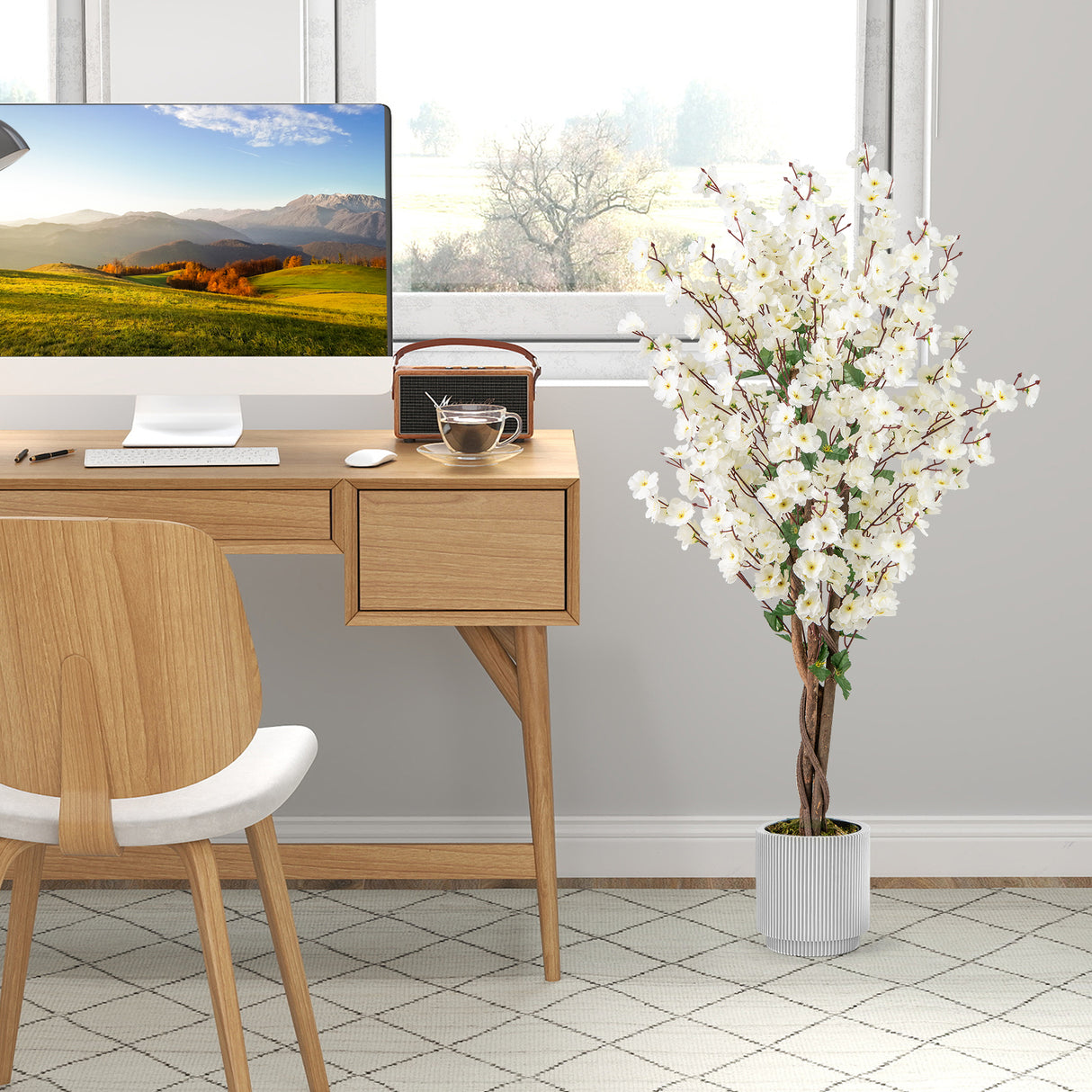 Faux Plum Blossom Plant with White Fabric Flower and Solid Wood Trunk-White