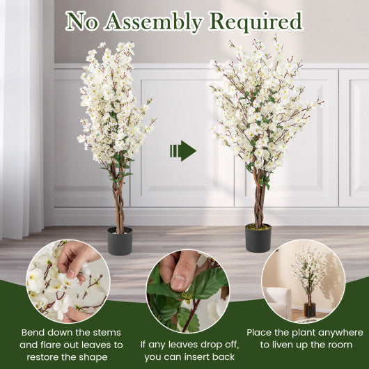 Faux Plum Blossom Plant with White Fabric Flower and Solid Wood Trunk-White