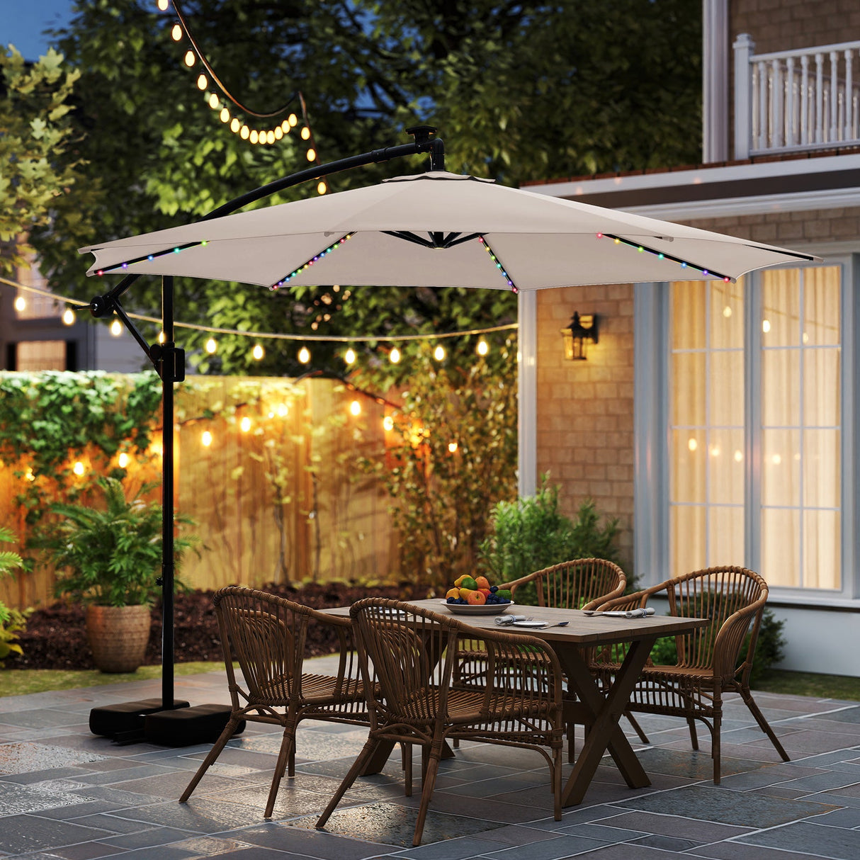 10 Feet Solar Offset Hanging Umbrella with Base and LED Lights-Beige by DirectDeals