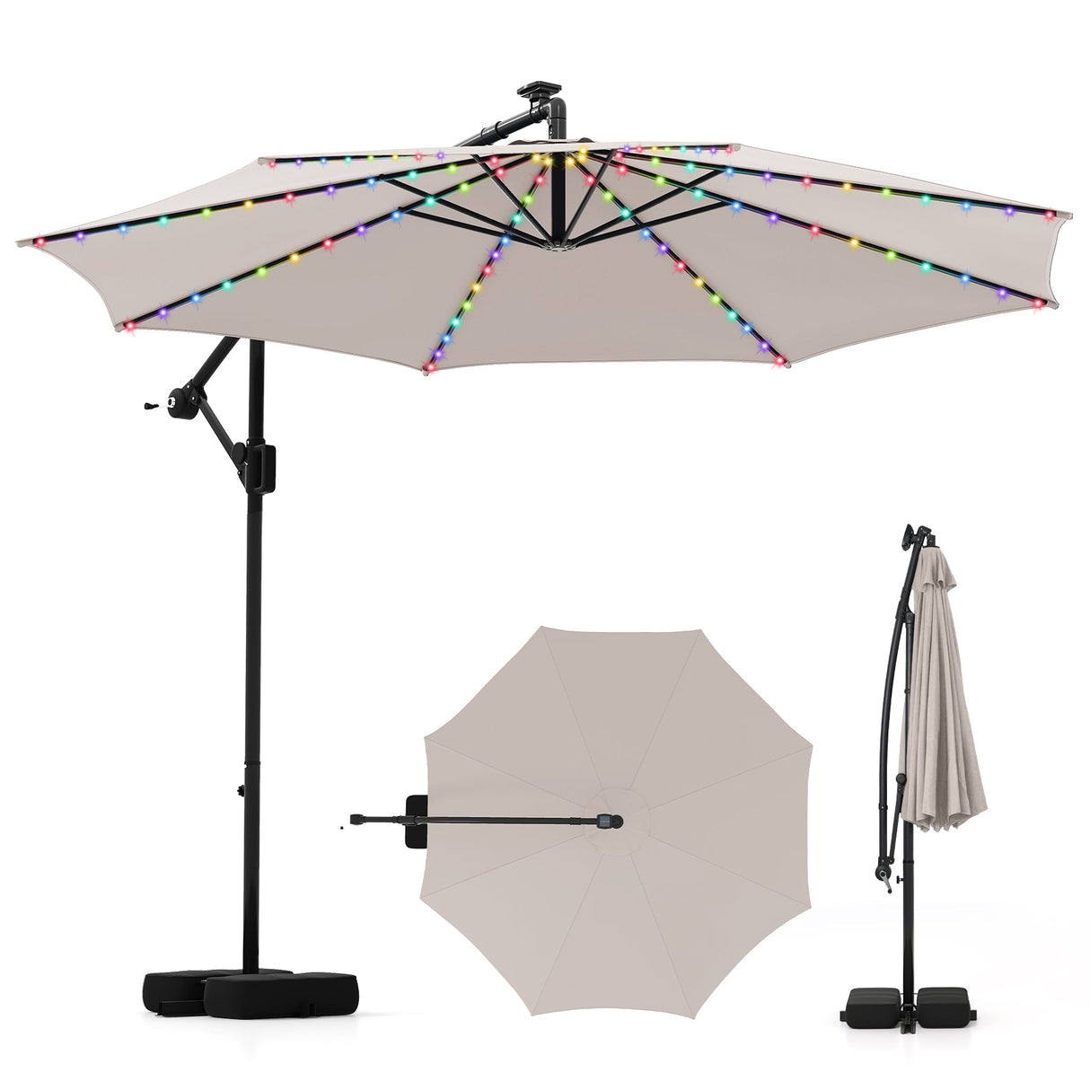 10 Feet Solar Offset Hanging Umbrella with Base and LED Lights-Beige by DirectDeals