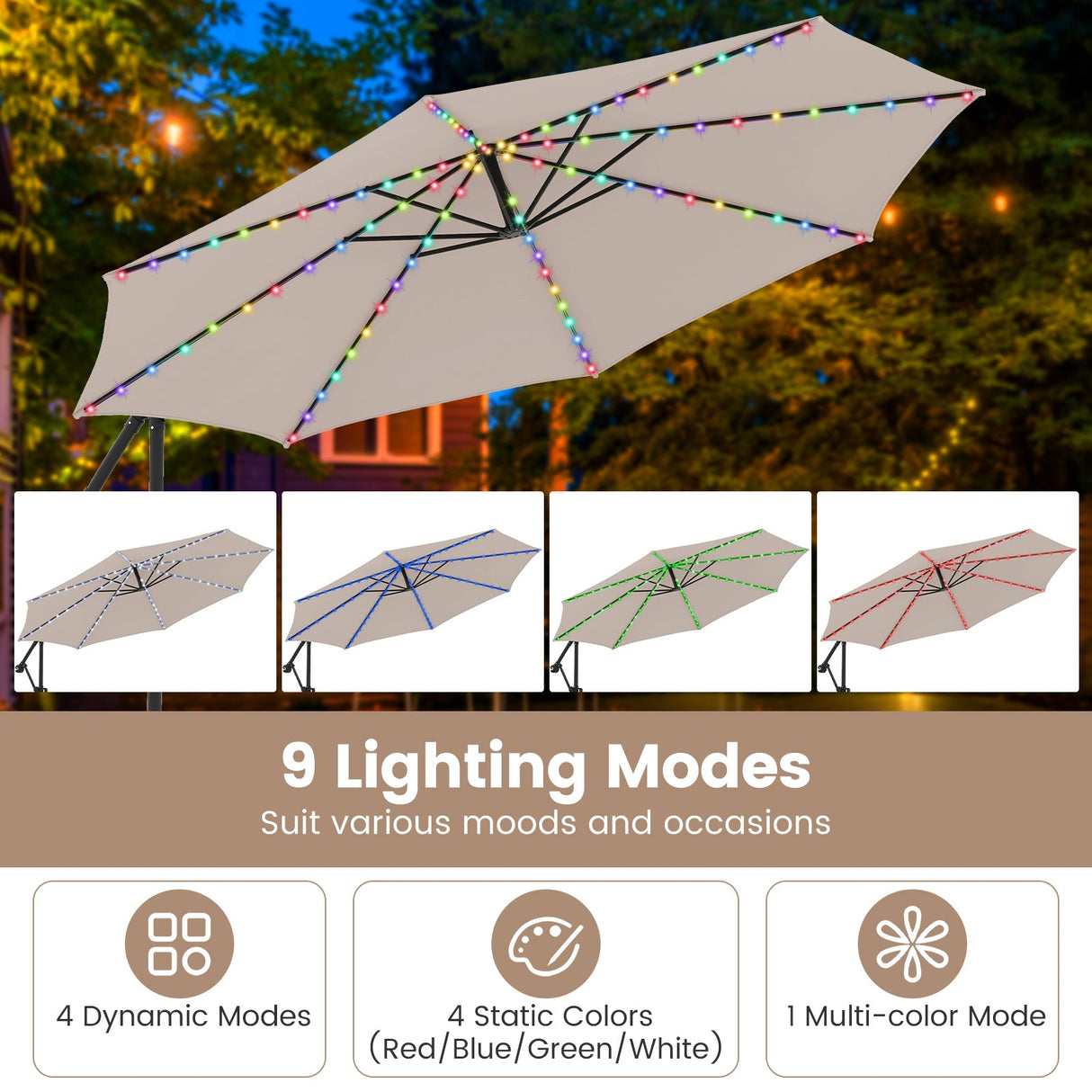 10 Feet Solar Offset Hanging Umbrella with Base and LED Lights-Beige by DirectDeals