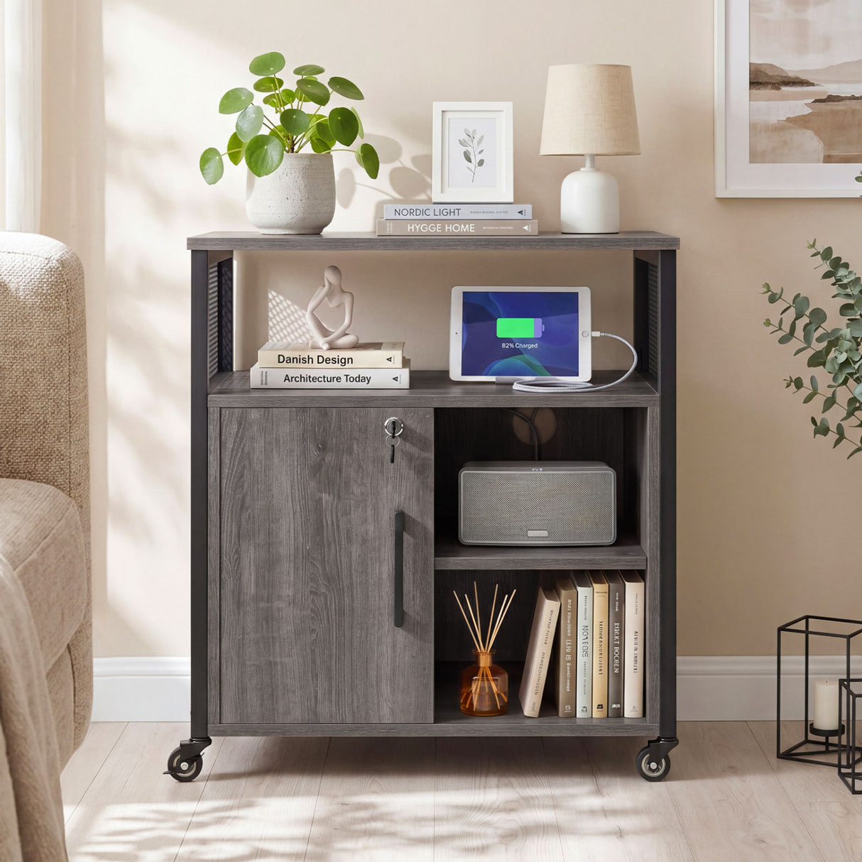 File Cabinet on Wheels with Charging Station and Cable Management Hole-Gray