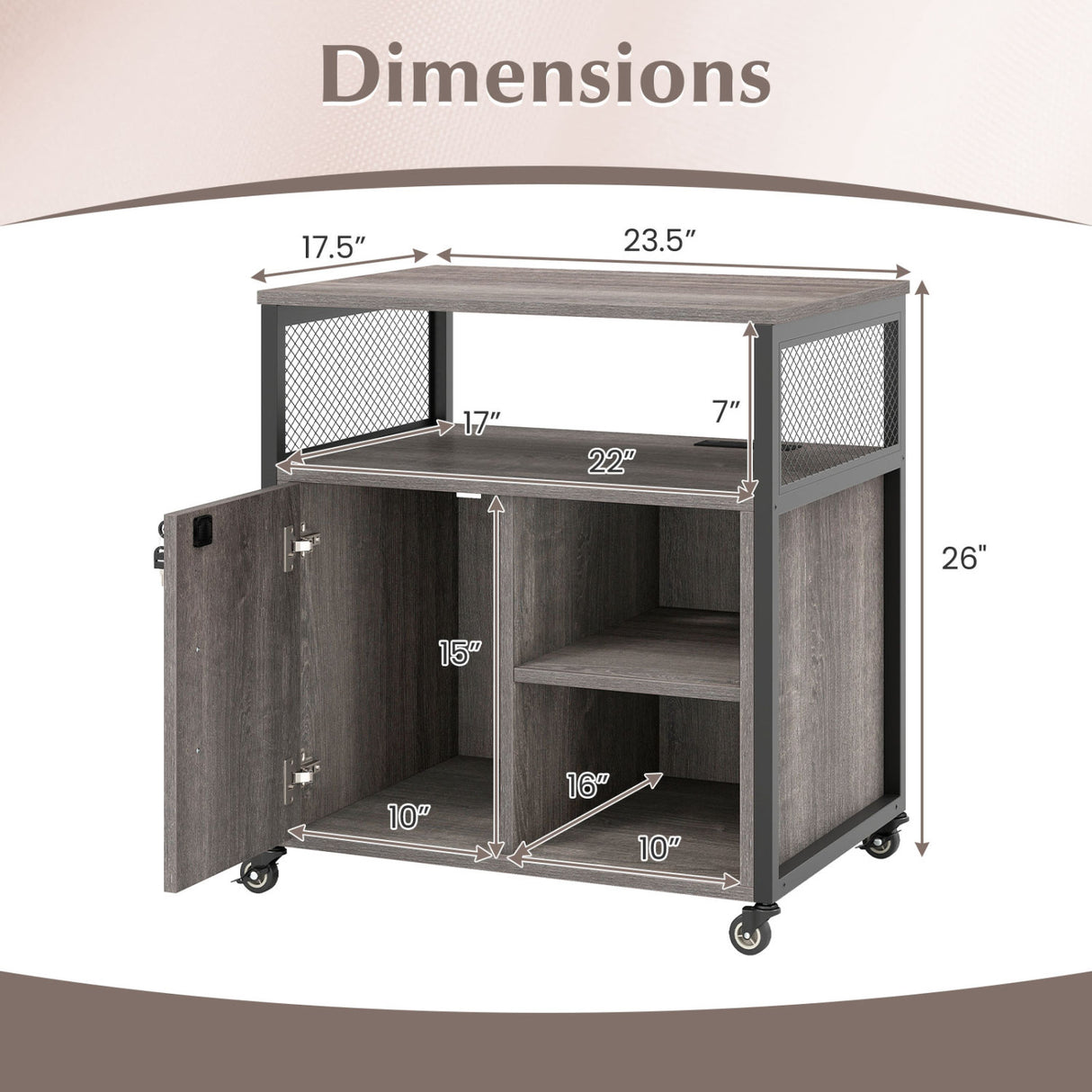 File Cabinet on Wheels with Charging Station and Cable Management Hole-Gray