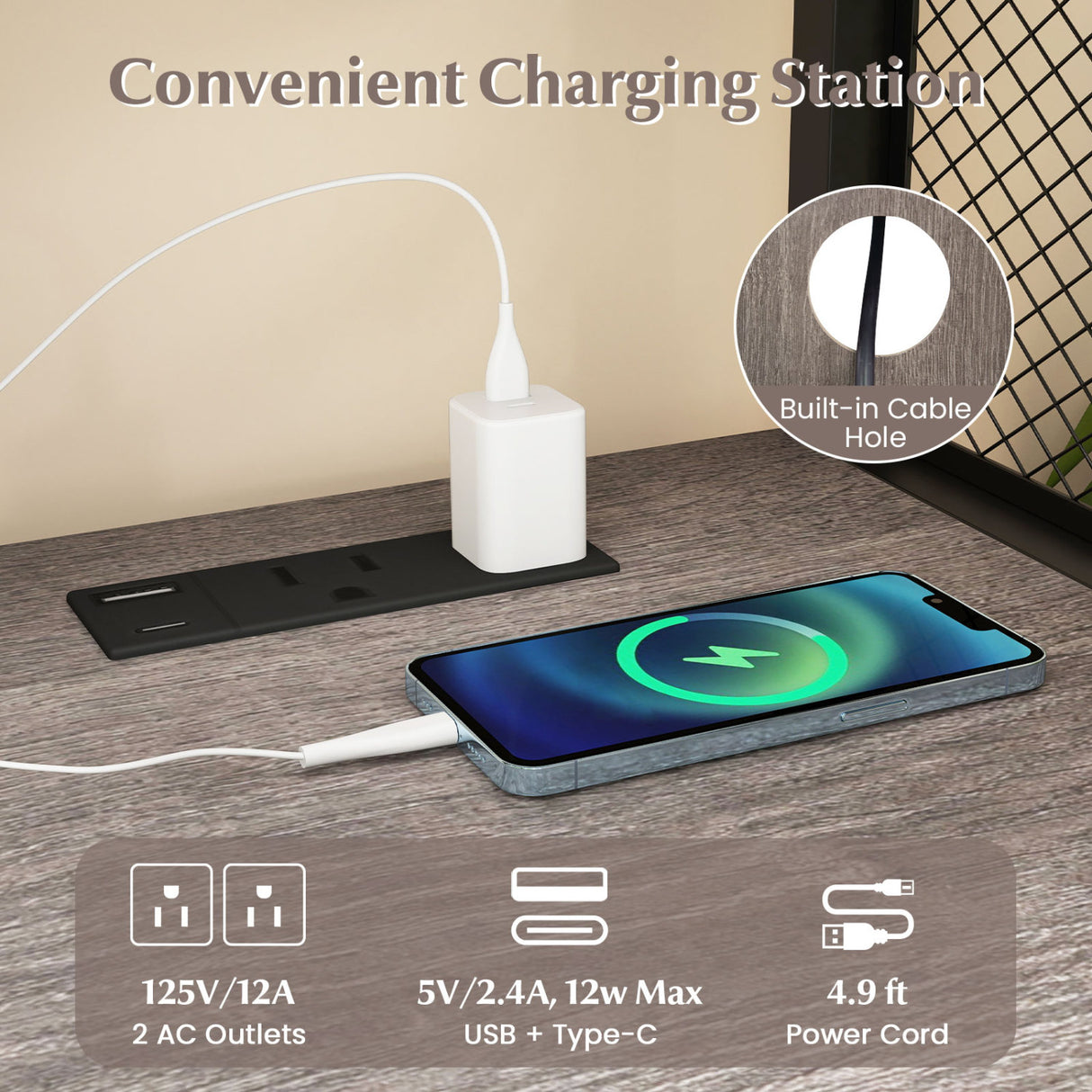 File Cabinet on Wheels with Charging Station and Cable Management Hole-Gray