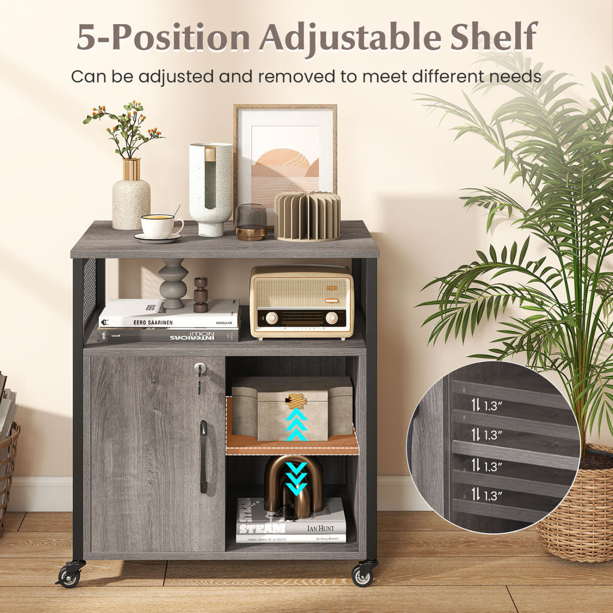 File Cabinet on Wheels with Charging Station and Cable Management Hole-Gray