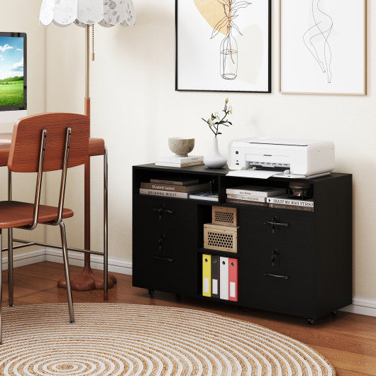 File Cabinet with Lock Mobile Lateral Filing Storage Organizer Modern Rolling Printer Stand-Black