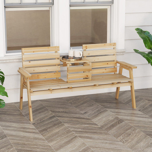 Outdoor Fir Wood Bench with Foldable Middle Table-Natural