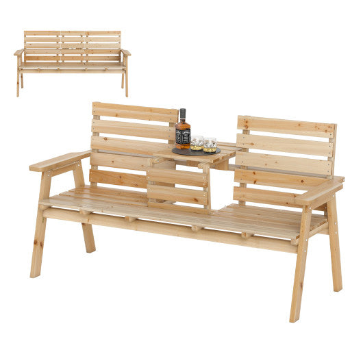 Outdoor Fir Wood Bench with Foldable Middle Table-Natural