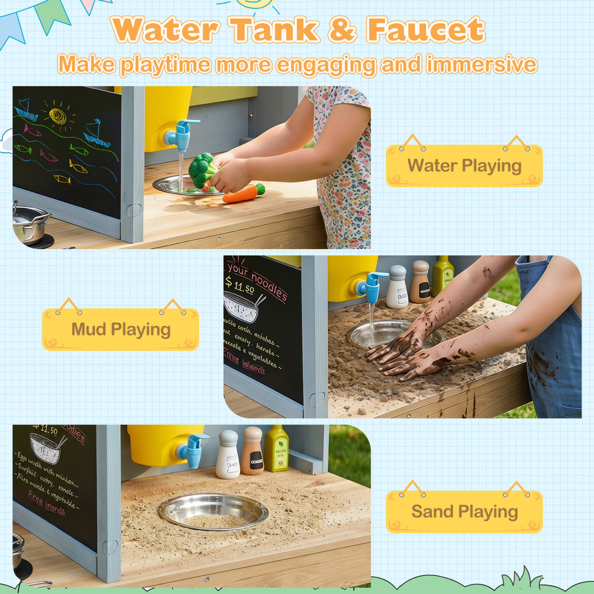 Fir Wood Kids Kitchen Playset with Canopy and Faucet-Natural